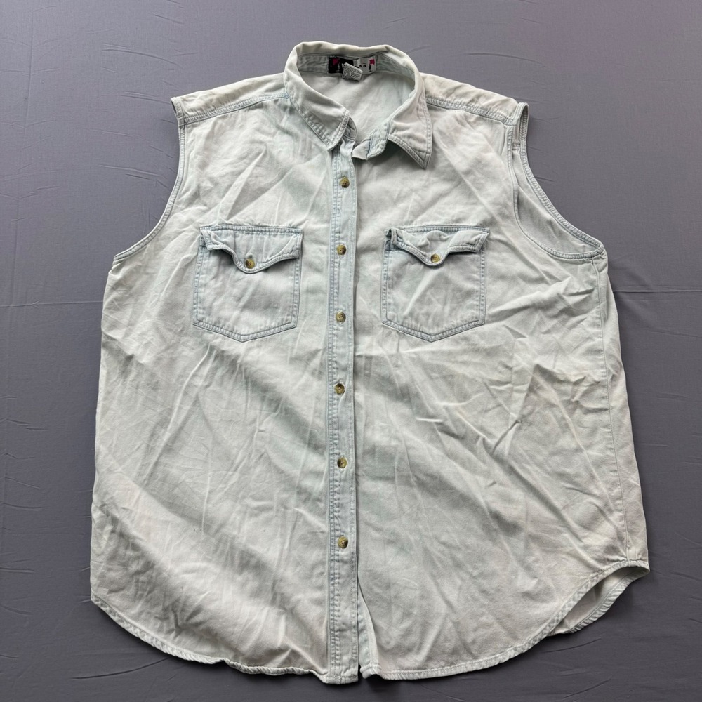 Kikomo Womens 20W Sleeveless Denim Button Down Shirt Light Wash Acid Cotton Top